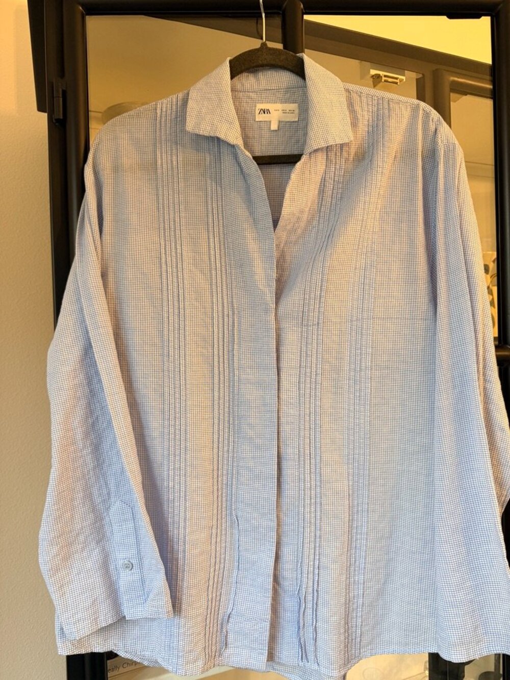 Zara Blue White Gingham Pleated Pintuck Button Down Shirt S